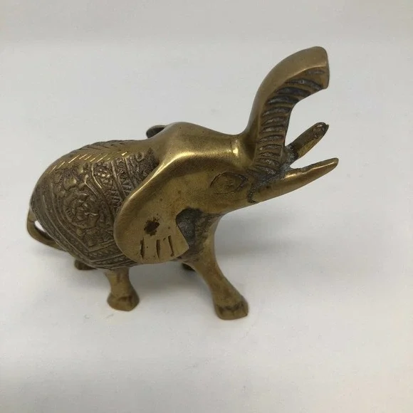 Vintage Small Solid Brass Elephant Raised Trunk Embossed Ornate MCM Figurine - Picture 3 of 11